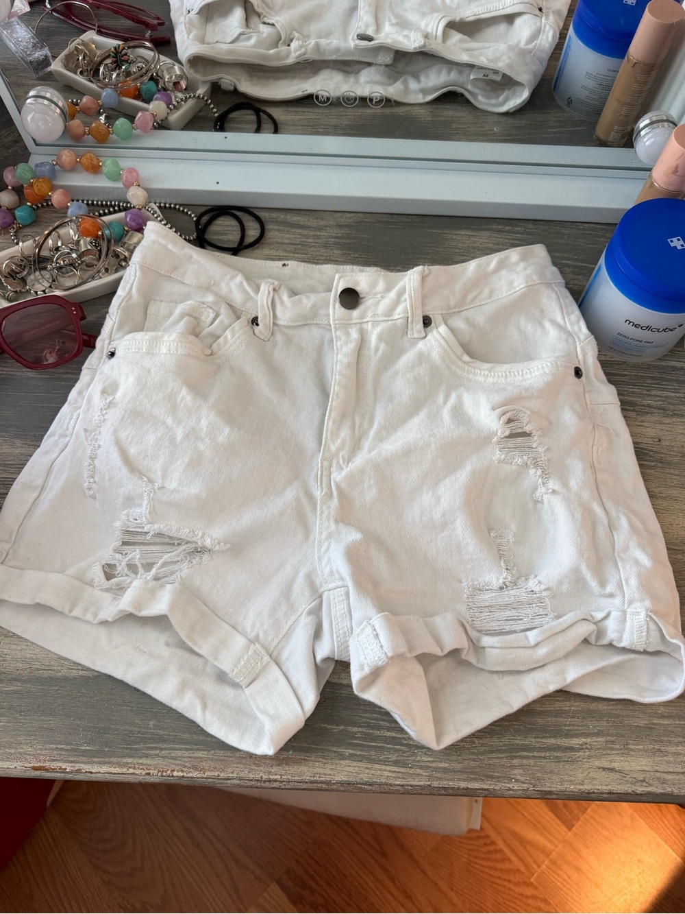 & Other Stories White Distressed Rolled-Hem Denim Shorts